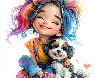 13 Quirky Girl with Puppy Clipart, Dog Lover Gift, Cute Baby Girl, Printable Watercolor, High-Quality JPGs, Papercraft, Junk Journal