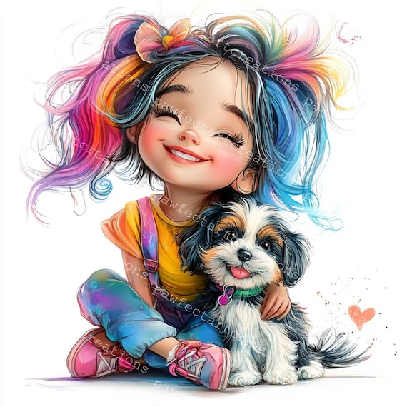 子犬と女の子のクリップアート：水彩画の犬好きアート（デジタル
