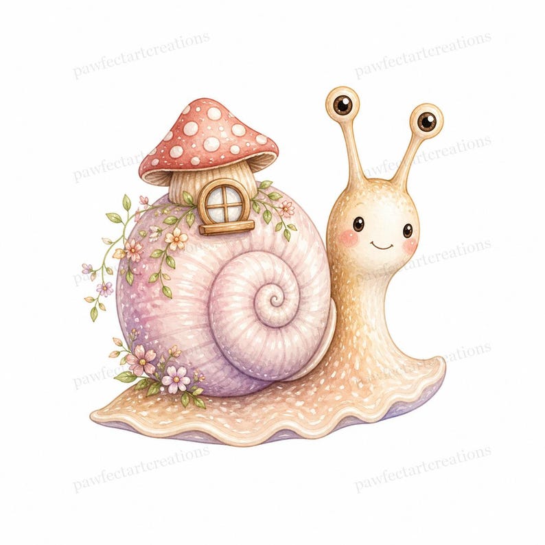 20 Cottage Mushroom Snail Clipart, Watercolor JPG Clipart Bundle, Digital Download, Commercial Use, Printable Art