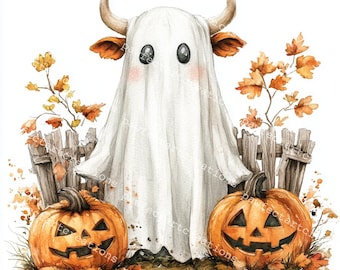 Halloween Ghost Cow Clipart: Watercolor Style JPGs (Digital Download)
