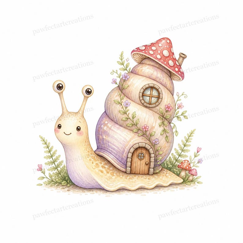20 Cottage Mushroom Snail Clipart, Watercolor JPG Clipart Bundle, Digital Download, Commercial Use, Printable Art