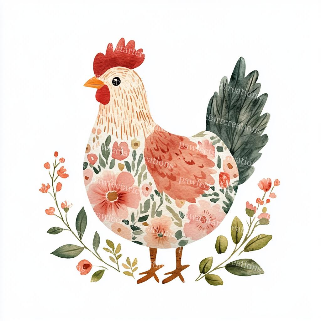Floral Chicken Clipart: Cottagecore Watercolor Farm Animal Art (JPG ...