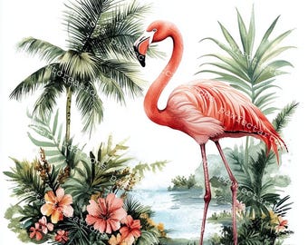20 Tropical Flamingo Clipart: Watercolor Art, Floral Designs (Digital Download)