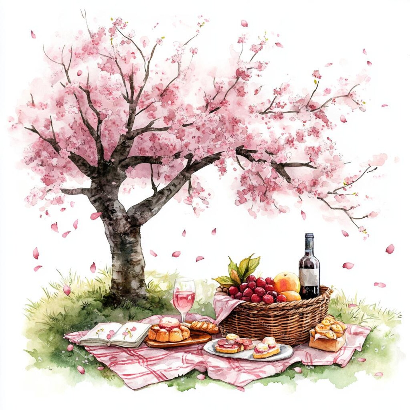 Spring Picnic Graphics 12 Spring Picnic Clipart: Watercolor Basket, Park Scene (digital ...