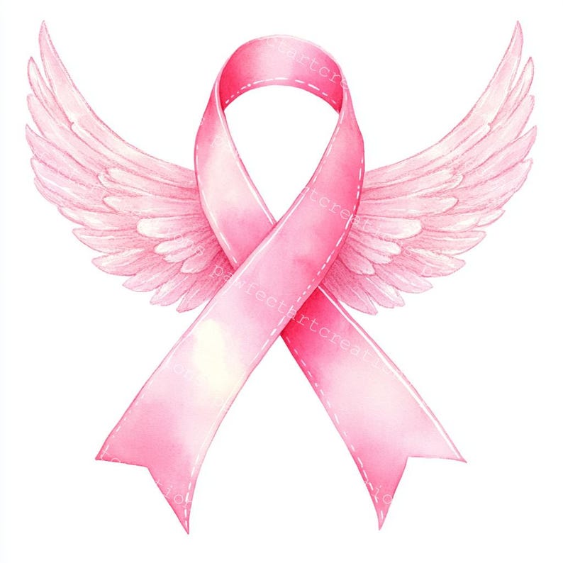 13 Pink Awareness Ribbon with wing Clipart, Breast Cancer Awareness, Printable Watercolor, High-Quality JPGs, Papercraft Junk Journal, Digital Craft