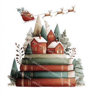 Peut inclure: Illustration à l'aquarelle d'une scène de Noël. Des maisons rouges aux toits enneigés sont posées sur une pile de livres. Un traîneau tiré par des rennes vole au-dessus des maisons et des arbres. L'image a un aspect fantaisiste.