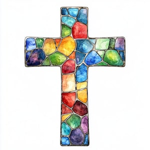 May include: A colorful cross design with a mosaic pattern. The cross is filled with irregularly shaped pieces in shades of red, orange, yellow, green, blue, and purple, outlined with a silver border. The background is white.