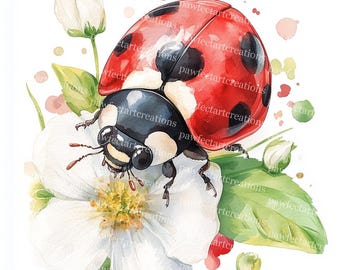 13 Ladybird On Flower Clipart, Floral Ladybug Clipart, Cute Lady Bug, Spring Art,Printable Watercolor, High-Quality JPGs, Sublimation Design