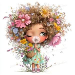 May include: A whimsical illustration of a girl with curly brown hair adorned with colorful flowers. She winks while holding a dandelion and a basket of flowers, wearing a floral dress and pink shoes. The artwork has a soft, dreamy aesthetic.
