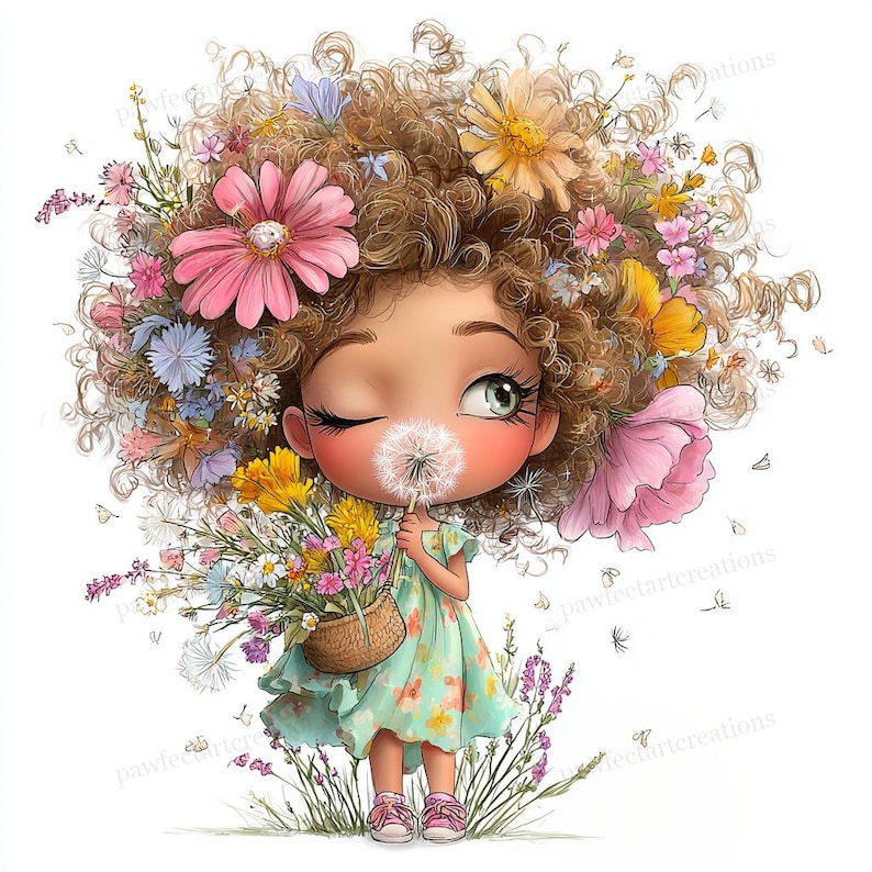 May include: A whimsical illustration of a girl with curly brown hair adorned with colorful flowers. She winks while holding a dandelion and a basket of flowers, wearing a floral dress and pink shoes. The artwork has a soft, dreamy aesthetic.