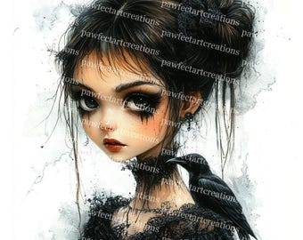Victorian Gothic Girl Clipart: Watercolor Doll JPGs (Digital Download)