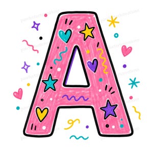 May include: A pink letter "A" with a black outline, decorated with colorful stars, hearts, and squiggly lines. The design includes teal, yellow, purple, and pink elements, creating a playful and festive look. The background is white.