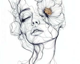 16 Floral Woman Face Line Art Clipart: Watercolor Style (Digital Download)