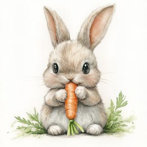 May include: A cute cartoon bunny rabbit with brown fur and big eyes is sitting and eating a carrot. The bunny is surrounded by green leaves.