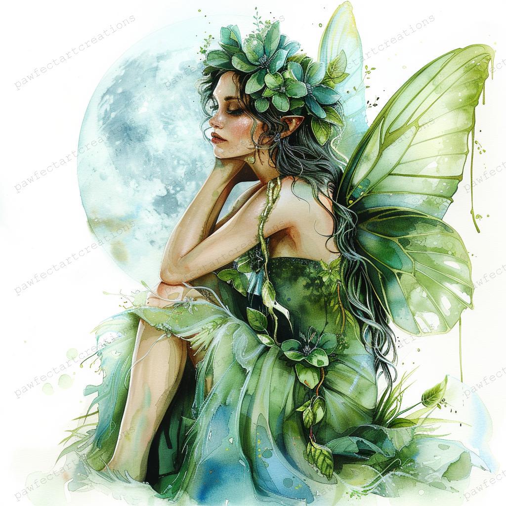 森の妖精のクリップアート：水彩画の緑の妖精、蝶の羽（デジタル