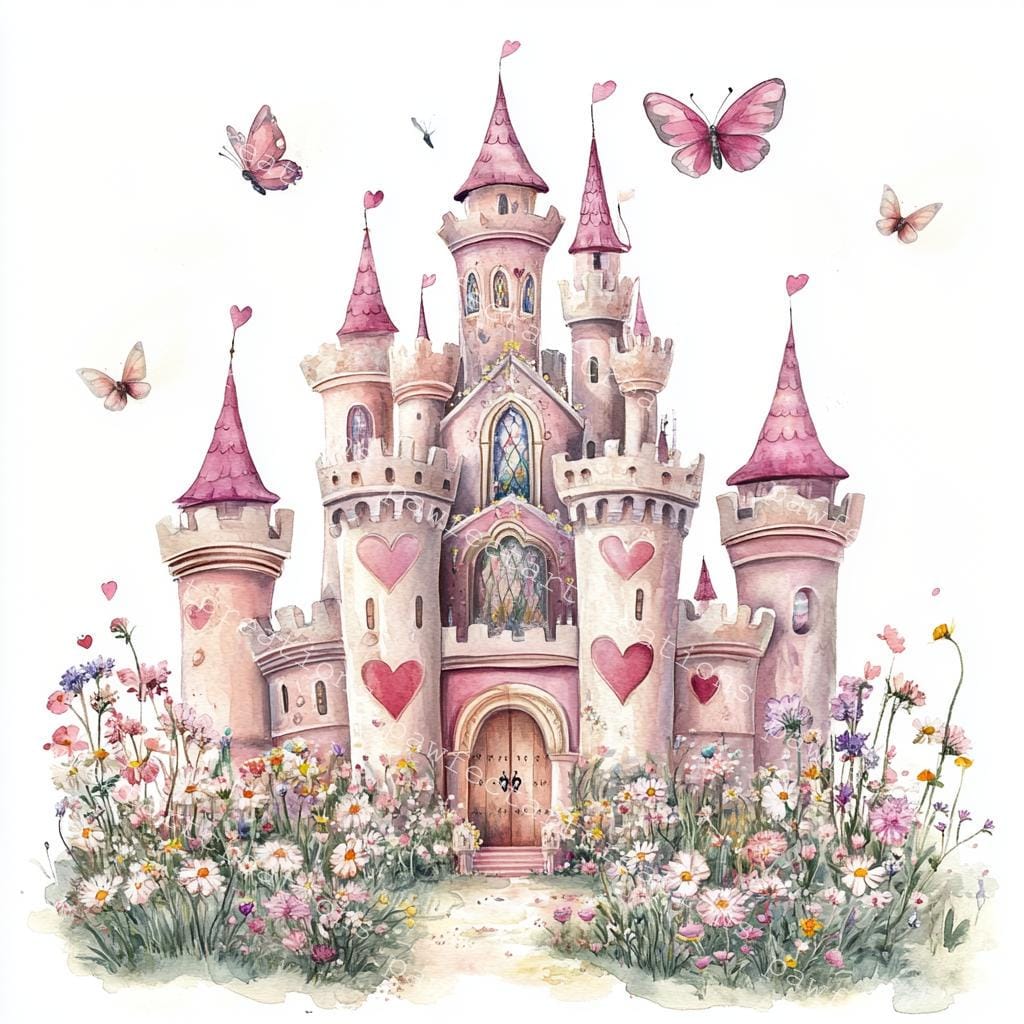 Pink Fairy Tale Castle Clipart: Watercolor Style (JPG & PNG Digital ...