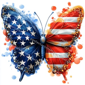 16 clipart de borboletas patrióticas, bandeira dos EUA, Dia da Independência, aquarela para impressão, JPGs de alta qualidade, diário de papelaria, artesanato digital