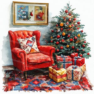 Christmas Cozy Corner Clipart: Watercolor Nook Interior (JPGs)