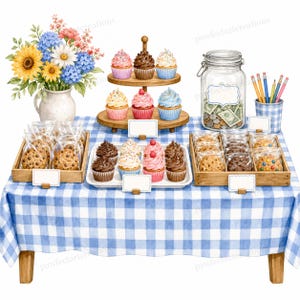 May include: A table with a blue and white checkered tablecloth features a vase of sunflowers and hydrangeas, a two-tiered cupcake stand, a glass jar filled with coins and paper money, a pencil holder, and wooden trays containing individually wrapped cookies.