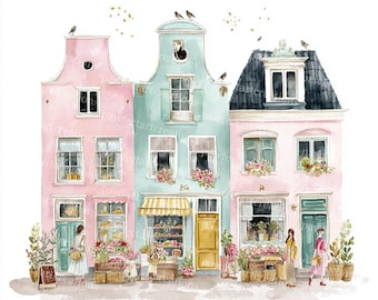 20 Pastel European Townhouses Clipart, City Street Scene, City Landscape, High-Quality JPGs,Papercraft,Junk Journal