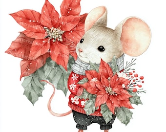 18 Kerstmuis-clipart, speelse feestelijke afbeeldingen, kerstster-kerstkaart, printbare aquarel-JPG's, junk journal, digitale knutselprojecten