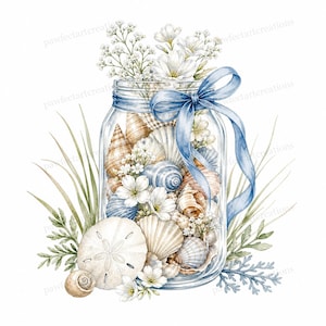 May include: A clear glass mason jar filled with various seashells, including a sand dollar, and white flowers. A light blue ribbon is tied around the neck of the jar. Green grass and foliage are arranged around the base of the glass container.