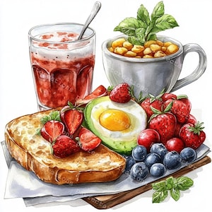 12 Brunch Breakfast Clipart, Kitchen Art, Card Making, Printable Watercolor Clipart, High-Quality JPGs,Papercraft,Junk Journal,Digital Craft