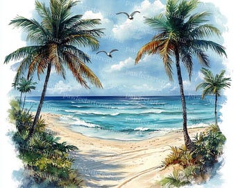 Sunny Beach Clipart: Tropisk palm akvarell (digital nedladdning)