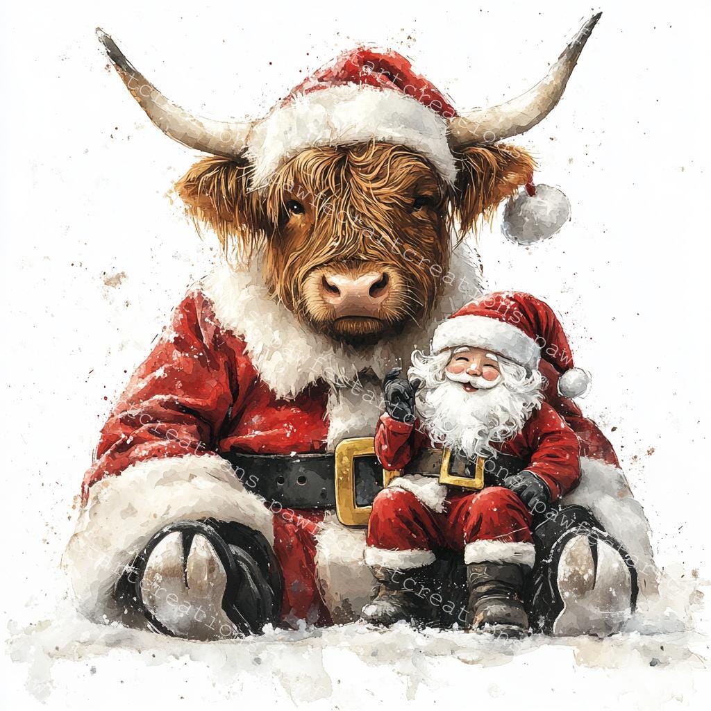 10 Christmas Highland Cow Clipart: Funny Watercolor Farm Animal ...