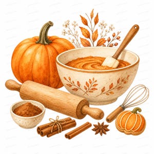 Könnte beinhalten: Eine Aquarellillustration mit einem großen orangefarbenen Kürbis, einer Rührschüssel mit orangefarbenem Teig, einem hölzernen Nudelholz, einer kleinen Schale mit braunem Gewürz, Zimtstangen, einem Schneebesen, einem Sternanis und einem Keks.