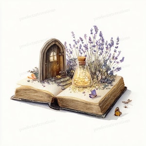 May include: Watercolor illustration of an open book with a miniature wooden door, a glass bottle filled with gold glitter, and lavender sprigs. Butterflies and small details add to the whimsical fairy tale theme.