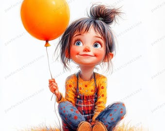 Può includere: Una bambina con i capelli castani e gli occhi azzurri sorride mentre tiene un palloncino arancione brillante. Indossa una camicia gialla con un motivo floreale e una salopette rosso e nero. È seduta a terra con le gambe incrociate.