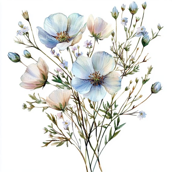 ワイルドフラワーブーケのクリップアート：水彩画の花のアート、高
