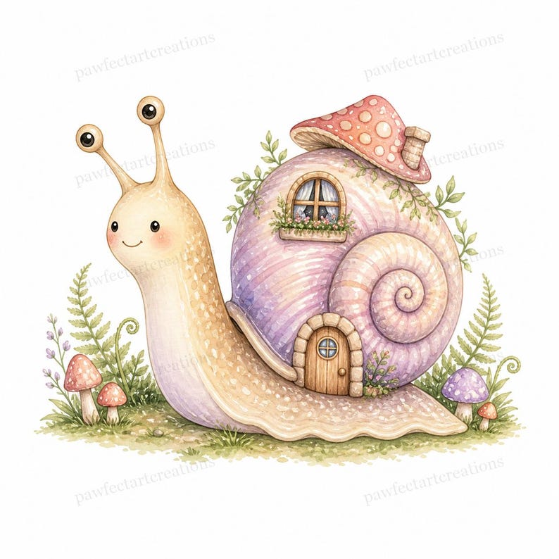 20 Cottage Mushroom Snail Clipart, Watercolor JPG Clipart Bundle, Digital Download, Commercial Use, Printable Art