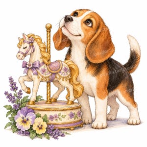 May include: A watercolor illustration of a brown, black, and white beagle standing next to a cream-colored carousel horse with a purple saddle and bridle, accented by purple and yellow pansies and lavender sprigs at the base.