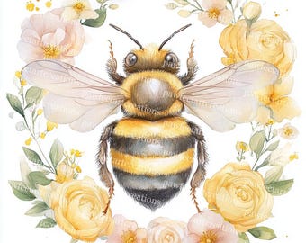 Floral Honey Bee Watercolor Clipart: Bridal Shower Graphics (Digital Download)