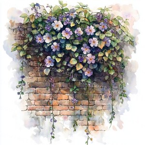Pode incluir: Uma pintura em aquarela de uma parede de tijolos com flores roxas e videiras verdes crescendo nela.