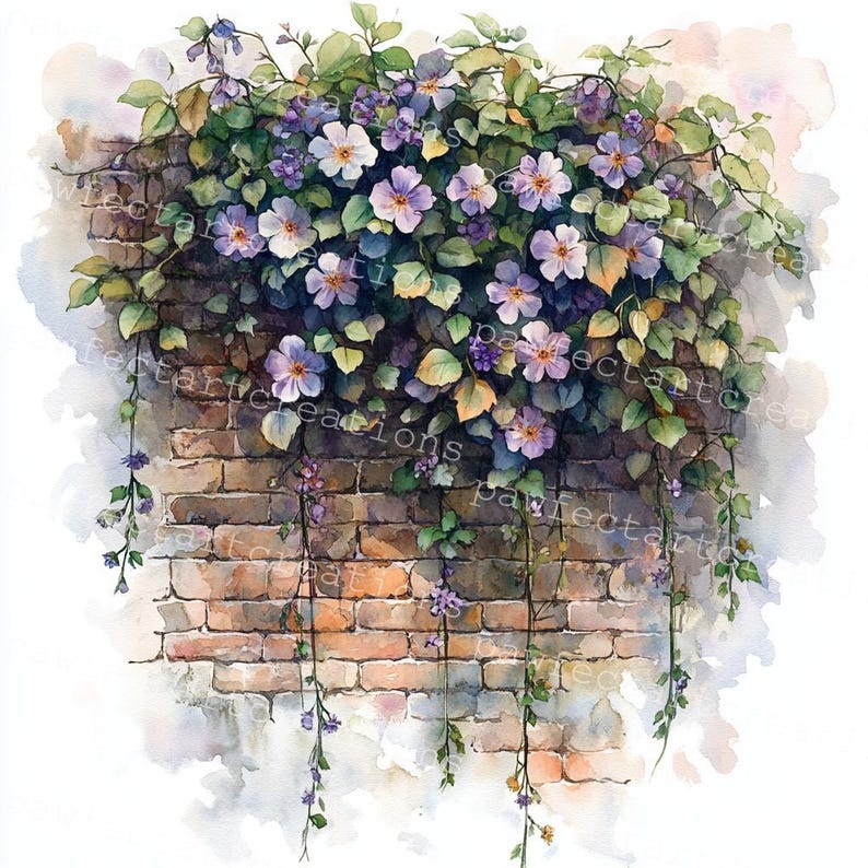 Pode incluir: Uma pintura em aquarela de uma parede de tijolos com flores roxas e videiras verdes crescendo nela.