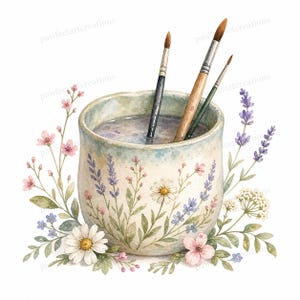 May include: A watercolor illustration of a ceramic cup filled with water and paintbrushes. The cup is decorated with floral designs, including daisies, lavender, and other wildflowers. The image has a soft, pastel color palette.