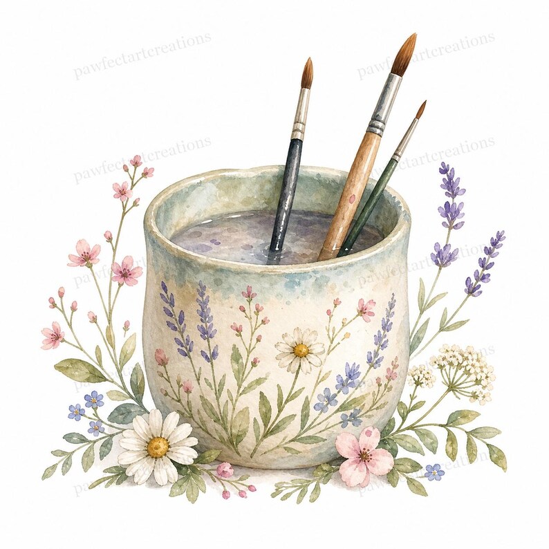 May include: A watercolor illustration of a ceramic cup filled with water and paintbrushes. The cup is decorated with floral designs, including daisies, lavender, and other wildflowers. The image has a soft, pastel color palette.