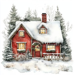 10 Winter Cottage Clipart, Winter Häuser Karte, Clipart Weihnachtskarte, druckbares Aquarell, hochwertige JPGs, Papierboot, Junk Journal