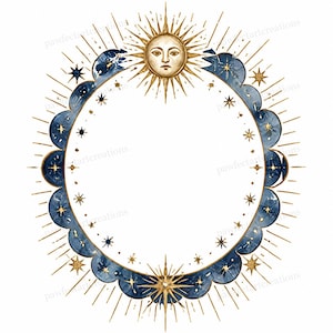 May include: A circular frame featuring a golden sun face at the top and a large golden star at the bottom. The border consists of scalloped dark blue watercolor clouds decorated with small golden stars and radiating golden sunburst lines.