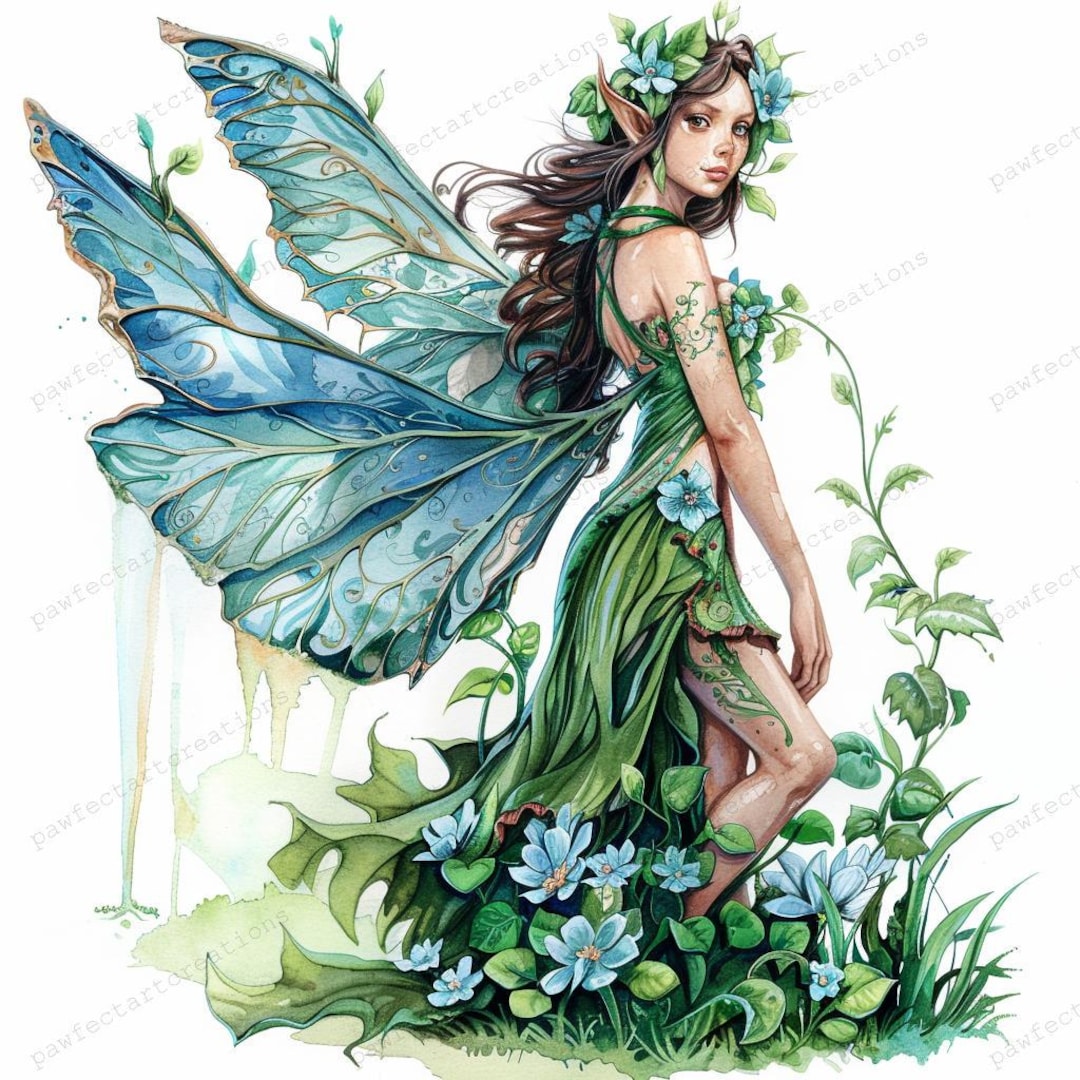森の妖精のクリップアート：水彩画の緑の妖精、蝶の羽（デジタル