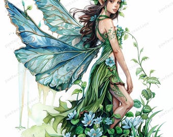 森の妖精のクリップアート：水彩画の緑の妖精、蝶の羽（デジタル