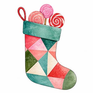Könnte beinhalten: Ein Weihnachtsstrumpf mit einem geometrischen Muster aus Dreiecken in den Farben Petrol, Dunkelgrün, Rosa und Rot. Der obere Umschlag ist einfarbig petrolfarben, und drei runde Lutscher mit rosa, hellrosa und rot-weißen Wirbelmustern ragen oben heraus.