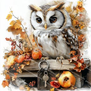 13 Clipart hibou floral shabby chic, clipart oiseau, clé et cadenas, aquarelle imprimable, fichiers JPG de haute qualité, carnet de voyage Papercraft, créations numériques