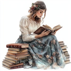 12 Clipart di amanti dei libri, ragazza che legge sui libri, arte letteraria, acquerello stampabile, JPG di alta qualità, carta, diario spazzatura, artigianato digitale