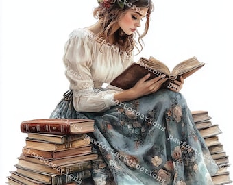 Girl Reading Clipart: Literary Watercolor Art, Book Lover (Digital Download)