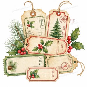 Puede incluir: Un conjunto de cinco etiquetas de regalo de papel con estilo vintage, fondos crema, bordes rojos y verdes, e ilustraciones festivas de acebo, ramas de pino, piñas y un reno. Cada etiqueta incluye un cordel y números impresos.