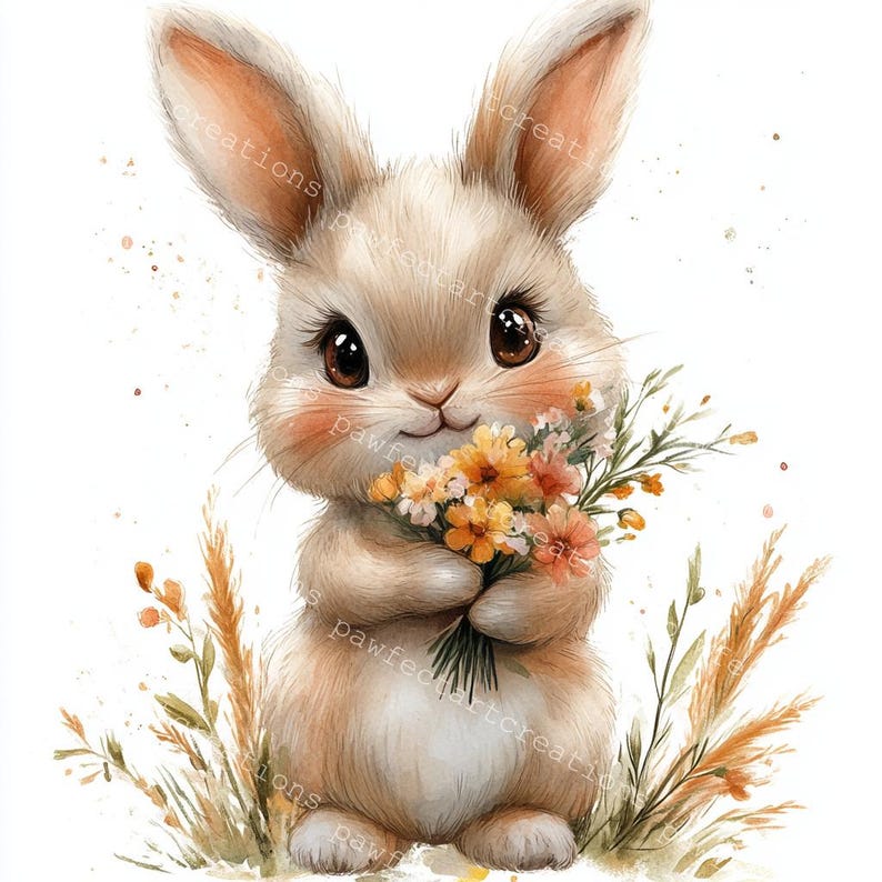 Rabbit Flower Bouquet Clipart: Watercolor Bunny Nursery Art (JPG ...